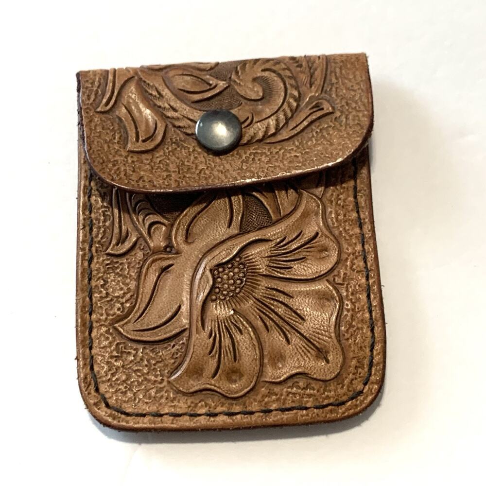 Vintage Tooled Leather Credit Card Holder Case Snap Close